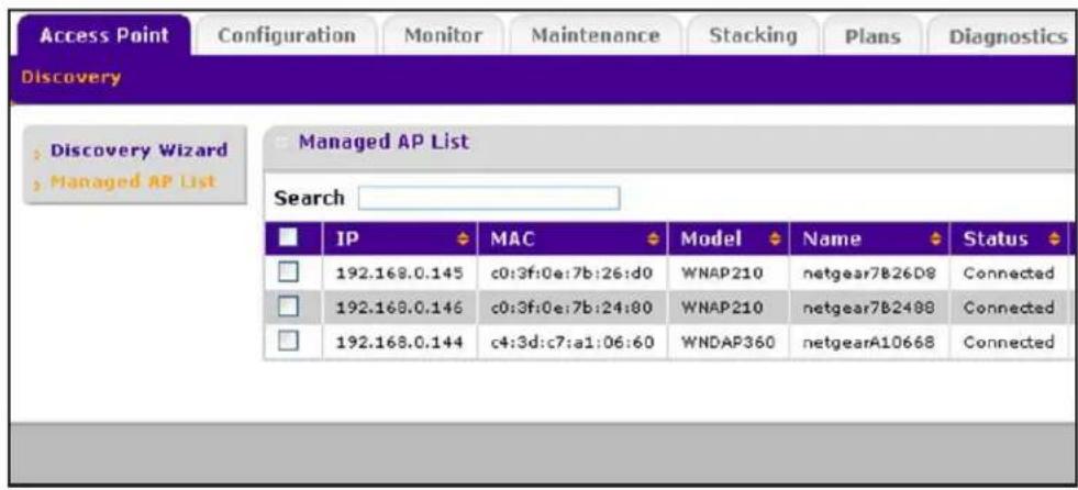 Access Point Configuration Monitor Maintenance Stacking Plans Diagnostics Discovery Discovery Wizard Managed AP List Managed AP List Search IP MAC Model Name Status 192.168.0.145 c0:3f:0e:7b:26:d0 WNAP210 netgear7B26D8 Connected 192.168.0.146 c0:3f:0e:7b:24:80 WNAP210 netgear7B2488 Connected 192.168.0.144 c4:3d:c7:a1:06:60 WNDAP360 netgearA10668 Connected