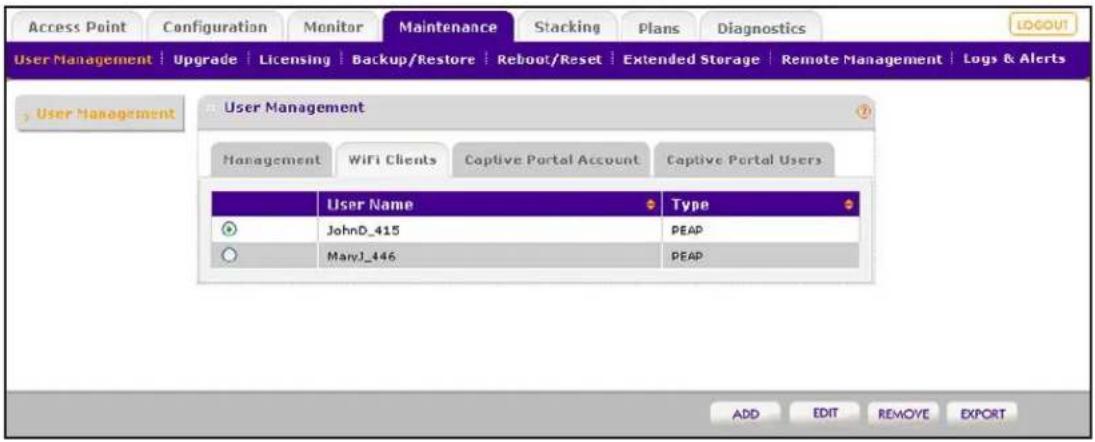 Access Point Configuration Monitor Maintenance Stacking Plans Diagnostics LOGOUT User Management | Upgrade | Licensing | Backup/Restore | Reboot/Reset | Extended Storage | Remote Management | Logs & Alerts User Management User Management Management WiFi Clients Captive Portal Account Captive Portal Users User Name Type JohnD_415 PEAP MaryJ_446 PEAP ADD EDIT REMOVE EXPORT