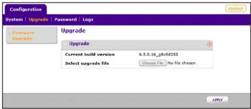 Configuration System | Upgrade | Password | Logs Firmware Upgrade Upgrade Upgrade Current build version 6.5.0.16_g8c5d253 Select upgrade file Choose File No file chosen . APPLY