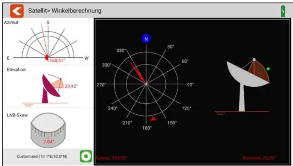 Satellit> Winkelberechnung Azimut S E 168,51° W Elevation 29,92° LNB-Skew 7.04° Customised (10.1°E/52.0°N) 330° 300° 270° 240° 210° 180° 150° 120° 90° 60° 30° N Azimut: 324,00° Elevation: 63,30°