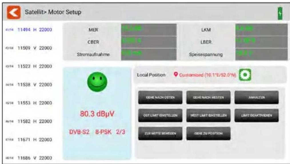 Satellit> Motor Setup 45/94 11494 H 22000 42/94 11509 V 22000 43/94 11523 H 22000 44/94 11538 V 22000 45/94 11553 H 22000 46/94 11582 H 22000 47/94 11671 H 22000 48/94 11686 V 22000 MER CBER Stromaufnahme LKM LBER Speisespannung Local Position Customised (10.1°E/52.0°N) GEHE NACH OSTEN GEHE NACH WESTEN ANHALTEN OST LIMIT EINSTELLEN WEST LIMIT EINSTELLEN LIMIT DEAKTVIEREN ZUR MEITE BEWEGEN GEHE ZU POSITION