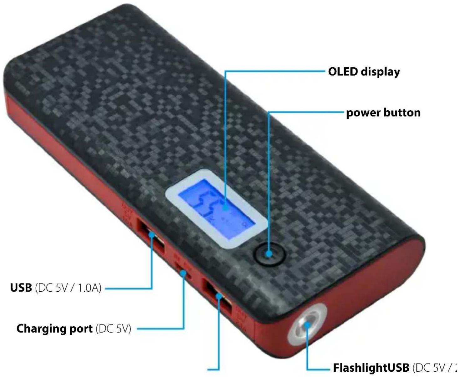 OLED display power button USB (DC 5V / 1.0A) Charging port (DC 5V) FlashlightUSB (DC 5V / 2
