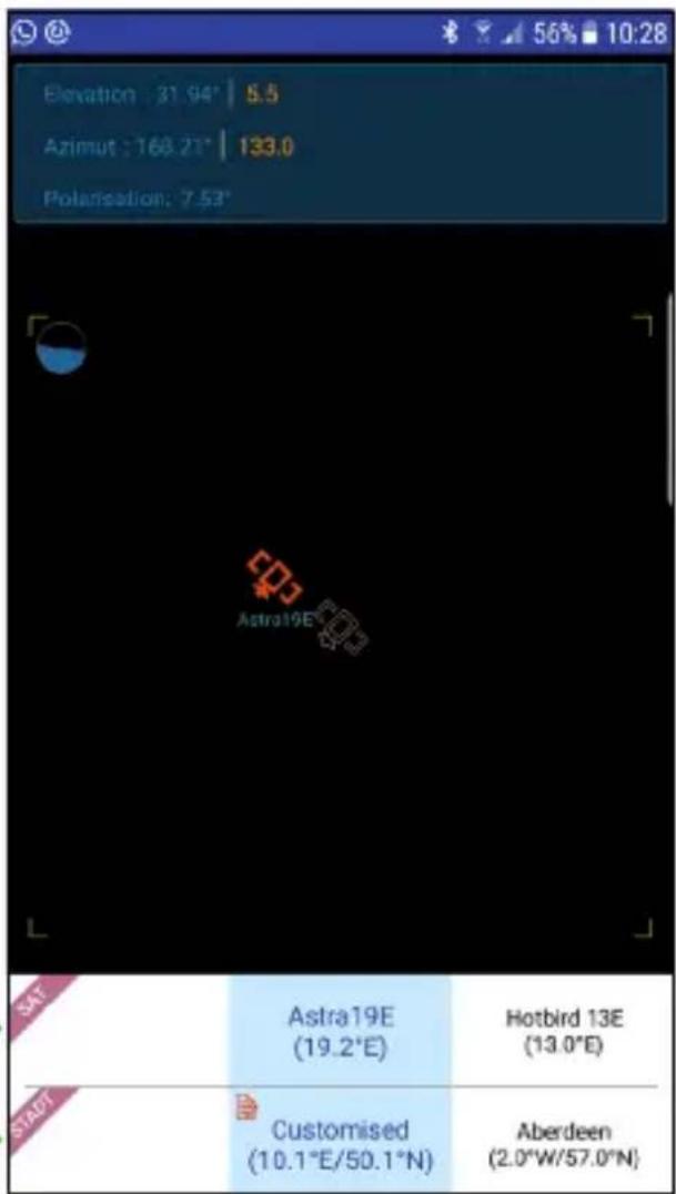 Elevation: 31.94° | 5.5 Azimut: 168.21° | 133.0 Polarisation: 7.53° Astra19E SAT Astra19E (19.2°E) Hotbird 13E (13.0°E) START Customised (10.1°E/50.1°N) Aberdeen (2.0°W/57.0°N)