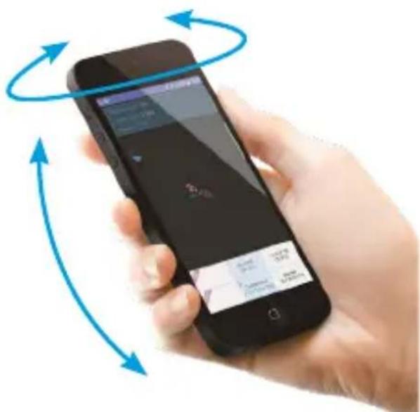 Hand holding smartphone displaying app interface with blue circular arrows indicating rotation and feedback loop