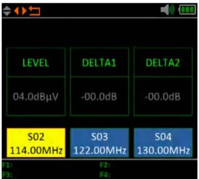 LEVEL DELTA1 DELTA2 04.0dBµV -00.0dB -00.0dB S02 114.00MHz S03 122.00MHz S04 130.00MHz F1: F2: F3: F4:
