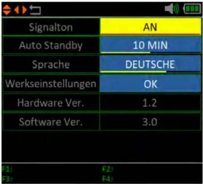 Signalton Auto Standby Sprache Werkseinstellungen Hardware Ver. Software Ver. AN 10 MIN DEUTSCHE OK 1.2 3.0