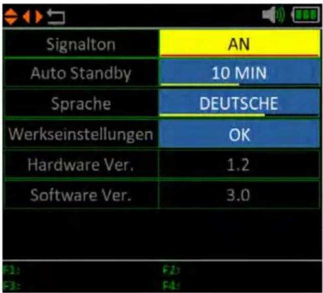 Signalton Auto Standby Sprache Werkseinstellungen Hardware Ver. Software Ver. AN 10 MIN DEUTSCHE OK 1.2 3.0