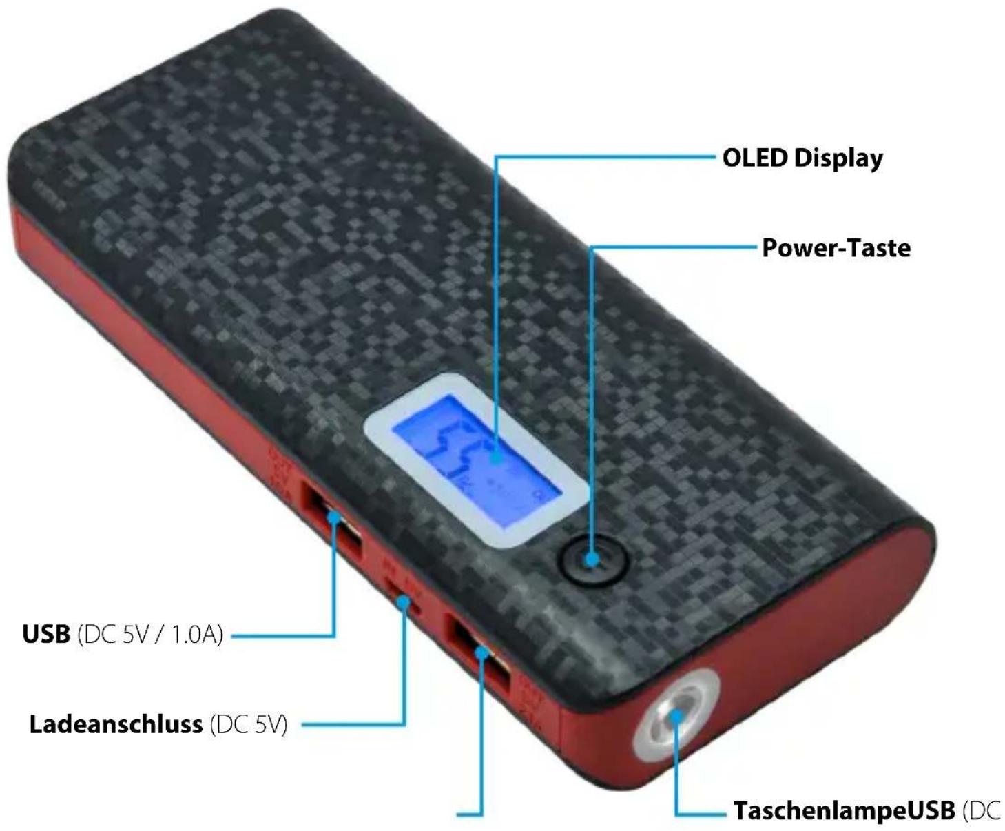 OLED Display Power-Taste USB (DC 5V / 1.0A) Ladeanschluss (DC 5V) TaschenlampeUSB (DC
