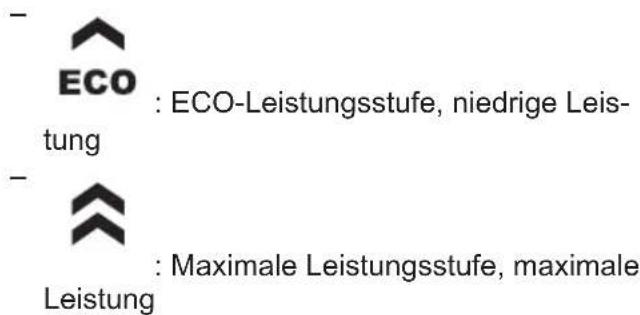 ECO : ECO-Leistungsstufe, niedrige Leistung Leistung : Maximale Leistungsstufe, maximale Leistung