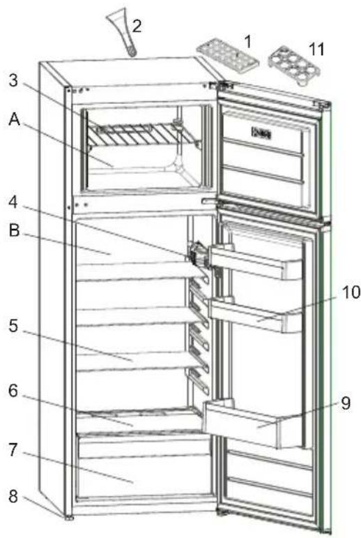 Technical diagram of a refrigerator with numbered parts for identification