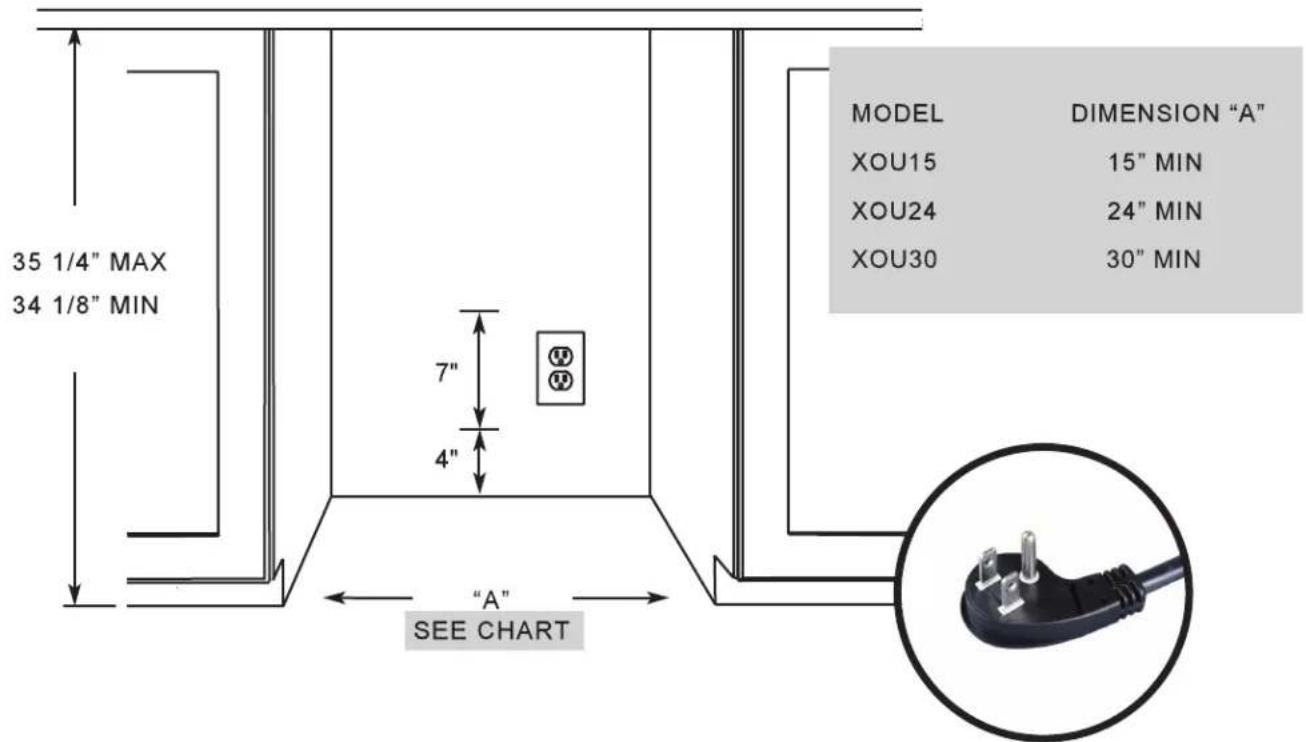 35 1/4" MAX 34 1/8" MIN 7" 4" "A" SEE CHART MODEL DIMENSION "A" XOU15 15" MIN XOU24 24" MIN XOU30 30" MIN