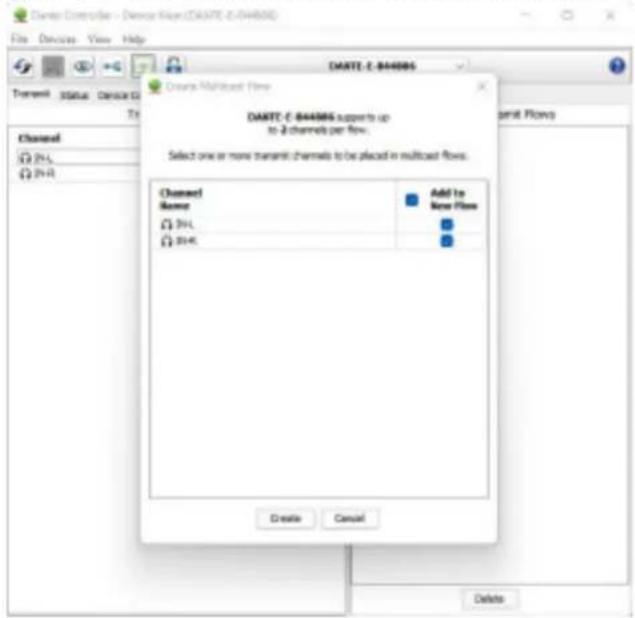 DAETC 844086 DAETC 844086 supports to up to 2 channels per flow. Select one or more transmit channels to be placed in multicast flows. Channel Name Add to New Flow 3HL 3HL 3HL Create Cancel Delete