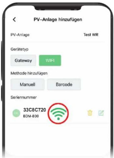 PV-Anlage hinzufügen PV-Anlage Test WR Gerätetyp Gateway WIFI Methode hinzufügen Manuell Barcode Seriennummer 33C8C720 BDM-800