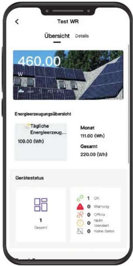 Test WR Übersicht Details 460.00 W Energieerzeugungsübersicht Tägliche Energieerzeug... 109.00 (Wh) Monat 111.00 (Wh) Gesamt 220.00 (Wh) Gerätestatus 1 Gesamt 1 OK 0 Warnung 0 Offline 0 Nicht 0 lizenziert 0 Keine Daten