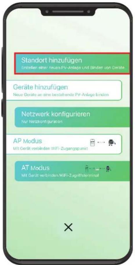 Standort hinzufügen Erstellen einer neuen PV-Anlage und Binden von Gerate. Geräte hinzufügen Neue Geräte an eine bestehende PV-Anlage binden Netzwerk konfigurieren Nur Netzkonfiguration AP Modus Mit Gerät verbinden WIFI-Zugangspunkt AT Modus Mit Gerät verbinden WIFI-Zugriffsterminal