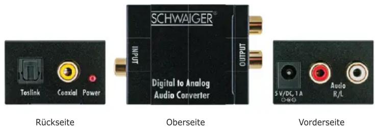 Toslink Coaxial Power Schwaiger® Digital to Analog Audio Converter OUTPUT Rückseite Oberseite Vorderseite 5 V/DC, 1 A Audio R/L