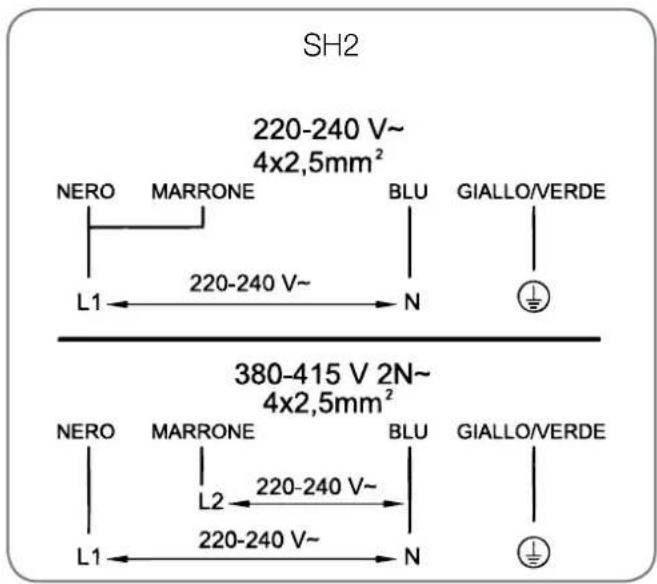 SH2 220-240 V~ 4x2,5mm² NERO MARRONE BLU GIALLO/VERDE L1 ← 220-240 V~ N 380-415 V 2N~ 4x2,5mm² NERO MARRONE BLU GIALLO/VERDE L2 ← 220-240 V~ 220-240 V~ L1 ← 220-240 V~ N