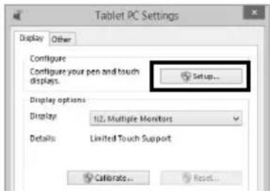 Tablet PC Settings Display Other Configure Configure your pen and touch displays. Setup... Display options Display 112, Multiple Monitors Details Limited Touch Support Calibrate... Reset...