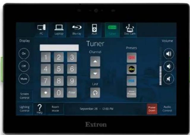 PC Laptop Blu-ray RJX Tuner Soo Cam Display On Off Mute Screen Control Lighting Control Help Room Mode September 28 - 12:00 PM Extron Tuner Channel Presets Last Enter Volume Audio Control