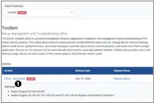 Search Software Toolbelt Toolbelt Setup, Management and Troubleshooting Utility The Extron Toolbelt utility is a powerful standalone Windows application created for the management and troubleshooting of Pro Series control systems. This utility allows users to easily perform several different tasks such as: change device network settings, add an email server, upload firmware, view trace messages, remotely reboot Extron control products, and such more from a single application. Devices on the network can be automatically discovered or manually added if desired. Toolbelt also provides users with memory usage, device run time, author of the current project, and software version used. Active Version Release Date Release Notes 2.25.0 Download System Summary • Added Support for BA2 HD 8K • Added Support for the WC Pro 156 OCS and WC Pro 160 Workspace Automation Controllers