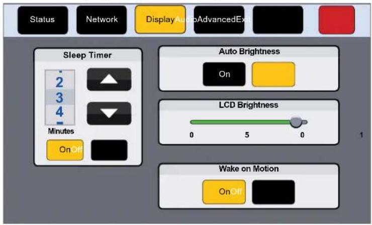 Status Network DisplayAudioAdvancedExt Sleep Timer 2 3 4 Minutes On Off Auto Brightness On LCD Brightness 0 5 0 Wake on Motion OnOff