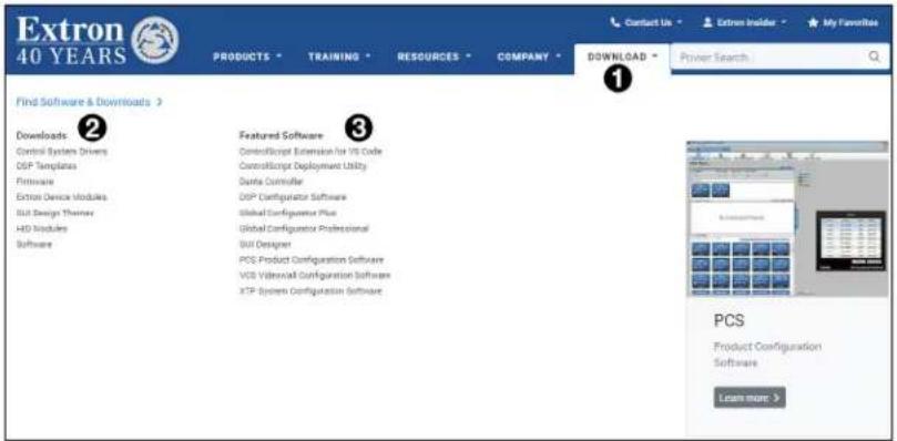Extron 40 YEARS PRODUCTS • TRAINING • RESOURCES • COMPANY • DOWNLOAD • Find Software & Downloads > Downloads Control System Drivers DSP Templates Firmware Extron Device Modules SUI Design Theme HSD Modules Software Featured Software ControlScript Extension for VSI Code ControlScript Deployment Utility Data Controller DSP Configurator Software Global Configurator Plus Global Configurator Professional SUI Designer PCS Product Configuration Software VCS Viteravall Configuration Software XTP System Configuration Software PCS Product Configuration Software Learn more >