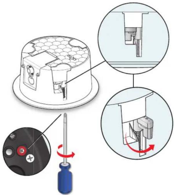 Technical diagram illustrating screwdriver tool application on a mechanical component, with magnified views showing internal components and rotation direction.