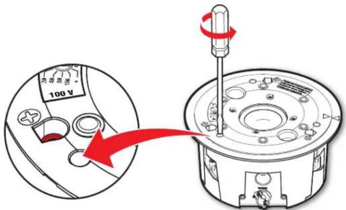 Diagram showing a device's rotary switch mechanism with a 100V power input and red arrow indicating rotation direction.