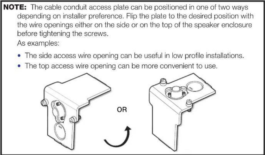 NOTE: The cable conduit access plate can be positioned in one of two ways depending on installer preference. Flip the plate to the desired position with the wire openings either on the side or on the top of the speaker enclosure before tightening the screws. As examples: • The side access wire opening can be useful in low profile installations. • The top access wire opening can be more convenient to use.