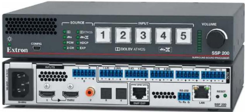 Extron SOURCE INPUT VOLUME 1 2 3 4 5 ATMOS dtx dtx PCM HDCP 2-CH EXP DOLBY ATMOS dtx SSP 200 SURROUND SOUND PROCESSOR INPUTS L R 1 (LF) 2 (RF) 3 (CI) 4 (EUR) 5 (S) 6 (RS) 5 THRU 2 3 4 DMP EXP RS-222 Tx Rx G LAN RESET SSP 200 100 MHz 50 dBm