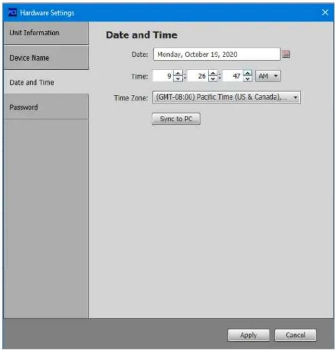 Hardware Settings Unit Information Device Name Date and Time Password Date and Time Date: Monday, October 19, 2020 Time: 9 26 47 AM Time Zone: (GMT-08:00) Pacific Time (US & Canada)... Sync to PC Apply Cancel