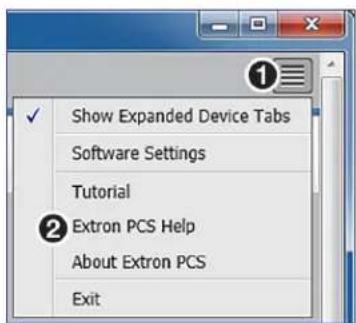 Show Expanded Device Tabs Software Settings Tutorial Extron PCS Help About Extron PCS Exit