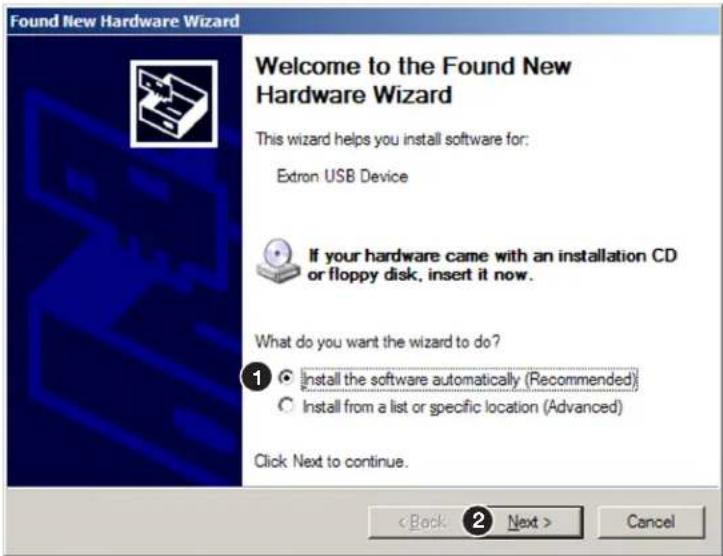 Found New Hardware Wizard Welcome to the Found New Hardware Wizard This wizard helps you install software for: Extron USB Device If your hardware came with an installation CD or floppy disk, insert it now. What do you want the wizard to do? Install the software automatically (Recommended) Install from a list or specific location (Advanced) Click Next to continue. < Back Next > Cancel