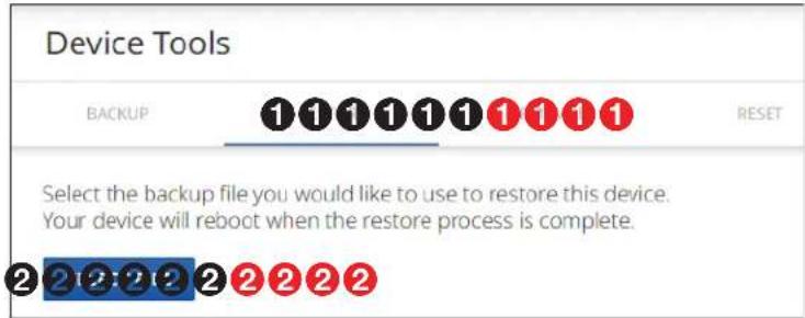 Device Tools BACKUP ①①①①①①①①① RESET Select the backup file you would like to use to restore this device. Your device will reboot when the restore process is complete. ②②②②②②②②②②