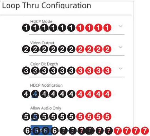Loop Thru Configuration HDCP Mode 1 1 1 1 1 1 1 1 1 Video Output 2 2 2 2 2 2 2 2 2 Color Bit Depth 3 3 3 3 3 3 3 3 3 HDCP Notification 4 4 4 4 4 4 4 4 4 Allow Audio Only 5 5 5 5 5 5 5 5 5 6 6 6 6 7 7 7 7 7