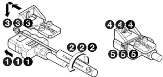 Technical diagram showing labeled mechanical components with numbered parts and directional arrows indicating assembly or assembly steps.