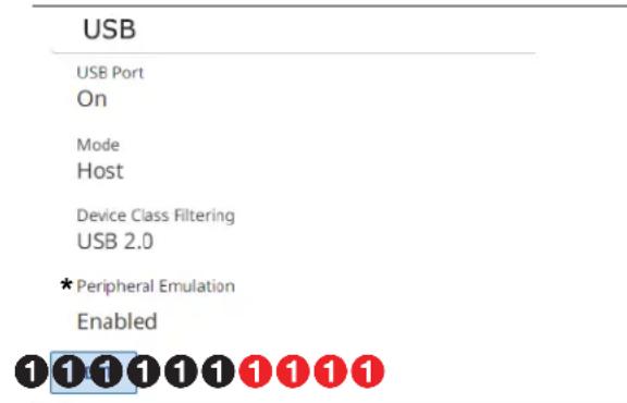 USB USB Port On Mode Host Device Class Filtering USB 2.0 * Peripheral Emulation Enabled 1 1 1 1 1 1 1 1 1 1