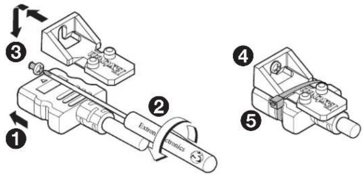 Technical diagram showing five labeled mechanical components with numbered parts and directional arrows indicating assembly or assembly.