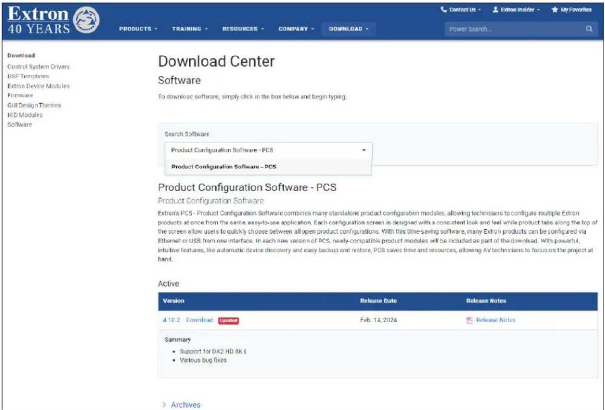 Extron 40 YEARS PRODUCTS - TRAINING - RESOURCES - COMPANY - DOWNLOAD - Power Search... Download Control System Drivers DSP Templates Extron Device Modules Firmware GUI Design Themes HID Modules Software Download Center Software To download software, simply click in the box below and begin typing. Search Software Product Configuration Software - PCS Product Configuration Software - PCS Product Configuration Software - PCS Product Configuration Software Extron's PCS - Product Configuration Software combines many standalone product configuration modules, allowing technicians to configure multiple Extron products at once from the same, easy-to-use application. Each configuration screen is designed with a consistent look and feel while product tabs along the top of the screen allow users to quickly choose between all open product configurations. With this time-saving software, many Extron products can be configured via Ethernet or USB from one interface. In each new version of PCS, newly-compatible product modules will be included as part of the download. With powerful, intuitive features, like automatic device discovery and easy backup and restore, PCS saves time and resources, allowing AV technicians to focus on the project at hand. Active Version Release Date Release Notes 4.10.2 Download Updated Feb. 14, 2024 Release Notes Summary • Support for DA2 HD IK L • Various bug fixes > Archives