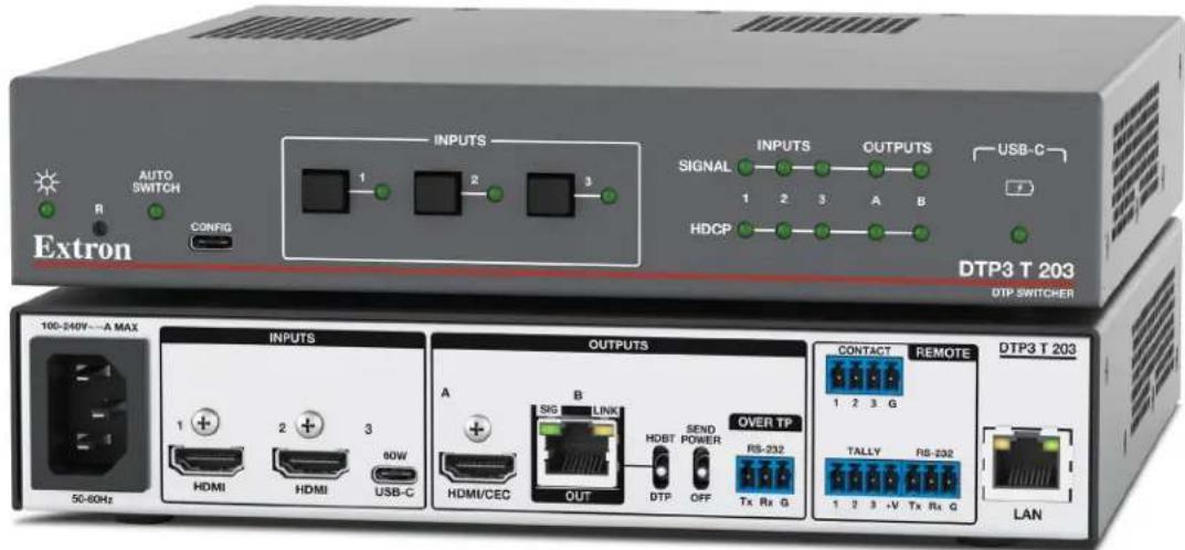 Extron AUTO SWITCH R CONFIG INPUTS 1 2 3 SIGNAL OUTPUTS USB-C 1 2 3 A B HDCP DTP3 T 203 DTP.SWITCHER INPUTS 1 2 3 HDMI HDMI USB-C OUTPUTS A B SIG LINK HDBT SEND POWER OVER TP HDMI/CEC OUT DTP OFF Tx Rx G CONTACT REMOTE 1 2 3 G TALLY RS-232 1 2 3 +V Tx Rx G DTP3 T 203 LAN 100-240V---A MAX 50-60Hz