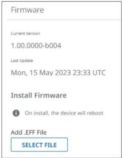 Firmware Current Version 1.00.0000-b004 Last Update Mon, 15 May 2023 23:33 UTC Install Firmware i On install, the device will reboot Add .EFF File SELECT FILE