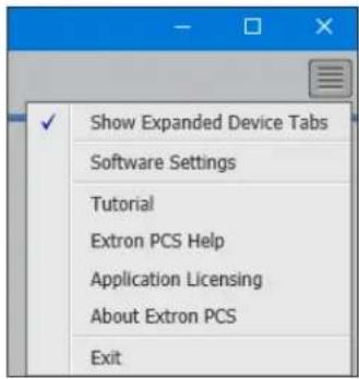 Show Expanded Device Tabs Software Settings Tutorial Extron PCS Help Application Licensing About Extron PCS Exit