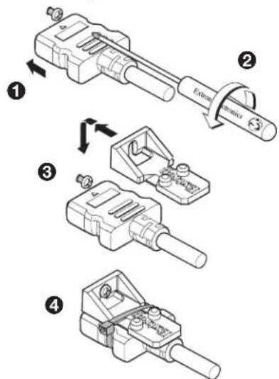 Technical diagram showing four steps of a mechanical device with labeled parts and directional arrows indicating motion.