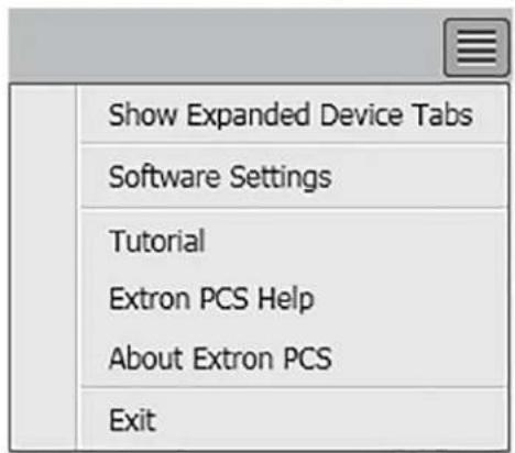 Show Expanded Device Tabs Software Settings Tutorial Extron PCS Help About Extron PCS Exit