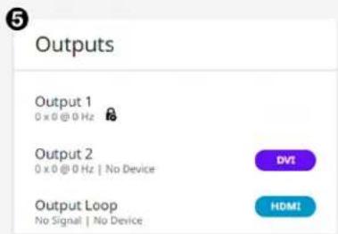 5 Outputs Output 1 0 x 0 @ 0 Hz Output 2 0 x 0 @ 0 Hz | No Device DVT Output Loop No Signal | No Device HDMI