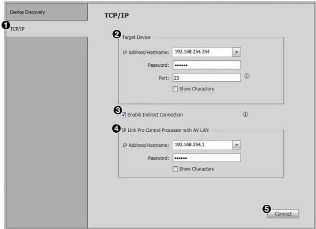 Device Discovery TCP/IP TCP/IP ① ② Target Device IP Address/Hostname: 192.168.254.254 Password: ******** Port: 23 ① □ Show Characters ③ Enable Indirect Connection ① ④ IP Link Pro Control Processor with AV LAN IP Address/Hostname: 192.168.254.1 Password: ******** □ Show Characters ⑤ Connect