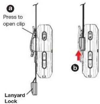 a Press to open clip Lanyard Lock b
