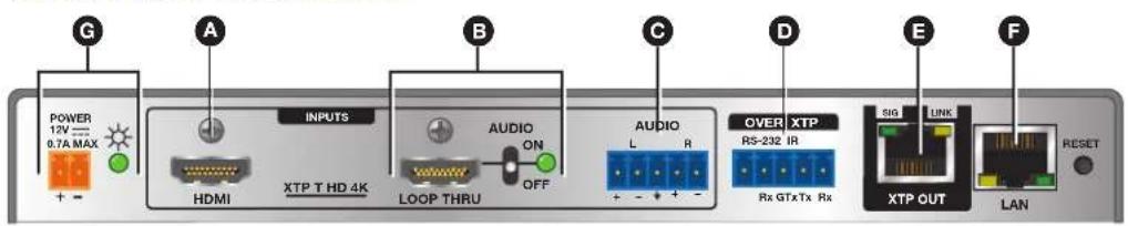 POWER 12V 0.7A MAX + - A INPUTS HDMI XTP T HD 4K LOOP THRU AUDIO ON OFF C AUDIO L R OVER XTP RS-232 IR Rx GTxTx Rx SIG LINK XTP OUT LAN RESET