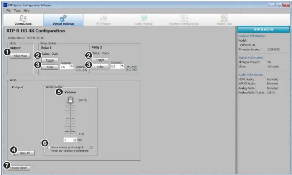 XTP System Configuration Software File Tools Help Connections Device Settings XTP Power EXPO Monitor System Configuration Format Help XTP R HD 4K Device Name: XTP R HD 4K Output Relay Control Relay 1 Relay 2 Status: Open Status: Open Touch Toggle Duration Duration Pulse (0.5-100) Pulse (0.5-100) Audio Output Analog Audio Volume Volume 100% 0 % 0 dB Force analog audio output ① when DVI display is connected Muse All Factory Reset General Information Model: XTP R HD 4K Firmware Version: 1.05.0025 Signal Information Signal Present: No Value: Untreated Audio Information: HDMI Audio: Unmuted S/POP Audio: Unmuted Analog Audio: Unmuted Analog Audio volume: 100%