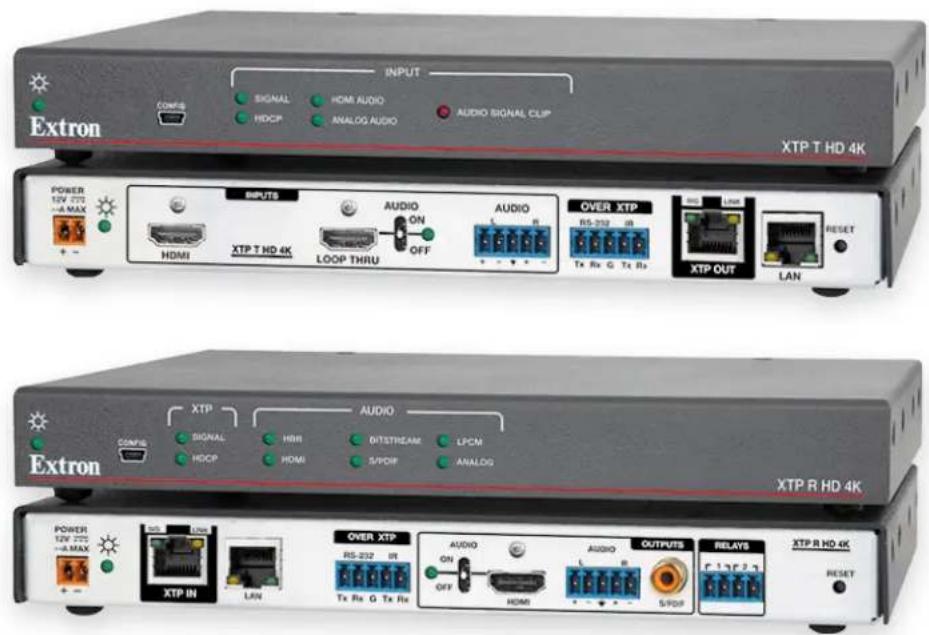 INPUT SIGNAL HDM AUDIO HDCP ANALOG AUDIO AUDIO SIGNAL CLIP Extron XTP T HD 4K POWER 12W 270 ~A MAX HDMI BIPUTS XTP T HD 4K AUDIO ON LOOP THRU OFF AUDIO L L OVER XTP RS-232 28 Tx Rx G Tx Rx XTP OUT LAN RESET Extron XTP SIGNAL HBR HDCP HDMI AUDIO DITSTREAM LPCN S/PDIF ANALOG POWER 12W 270 ~A MAX XTP IN LAN OVER XTP RS-232 28 AUDIO ON OFF HDMI AUDIO OUTPUTS RELAYS C17F23 S/PDIF XTP R HD 4K RESET